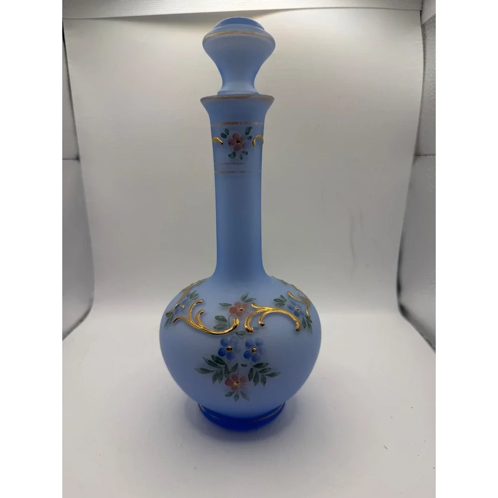 Vintage Frosted Blue Satin Glass Decanter Hand Painted Floral Gold Gilt 8.5
